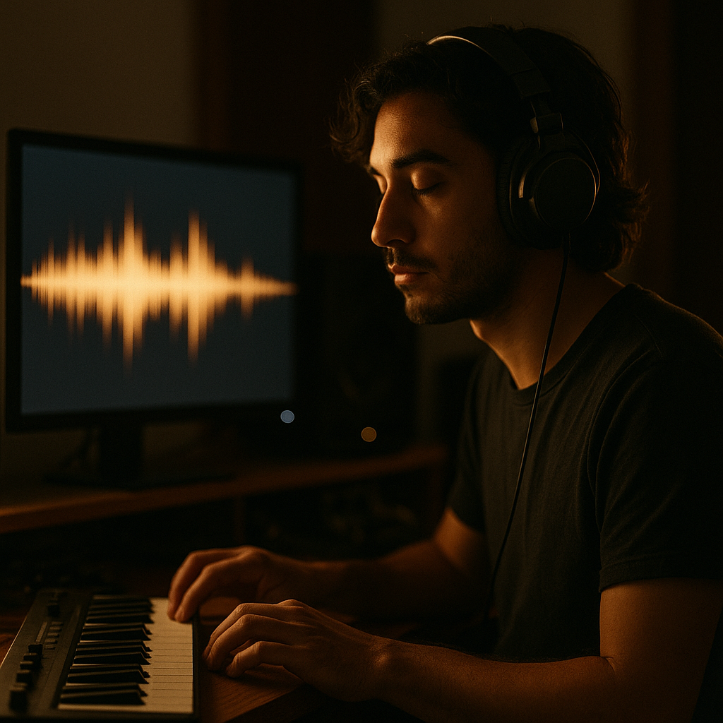 A person mixing audio with headphones on