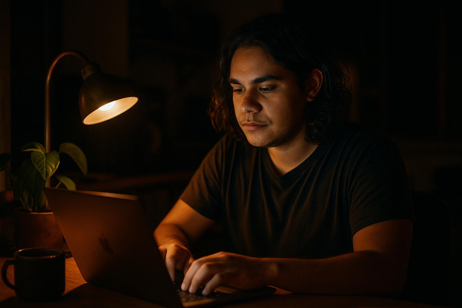 An Australian creator working on a laptop at night