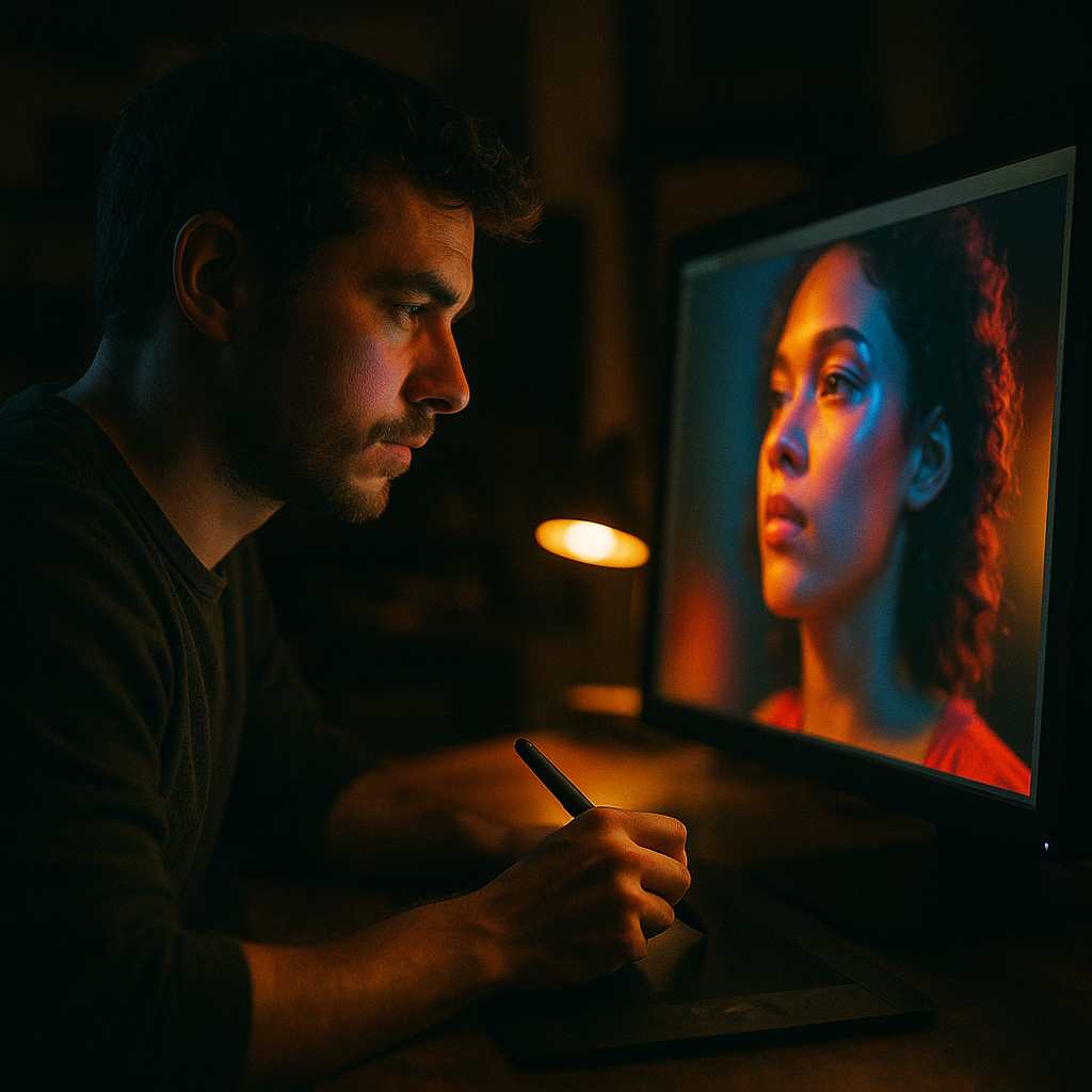 A person retouching a photo on screen